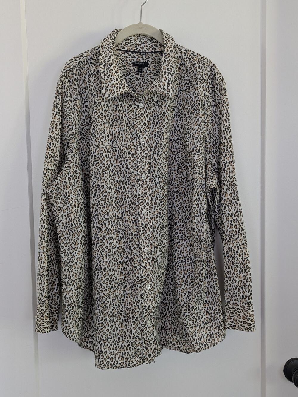 Talbots Plus 3X Leopard Print Shirt 100%Cotton Button Long Slv. Cheetah